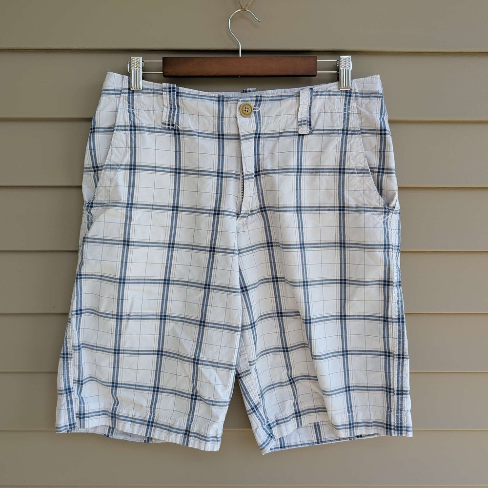 Aeropostale Plaid Shorts Mens 30 White Blue Flat Front Cotton